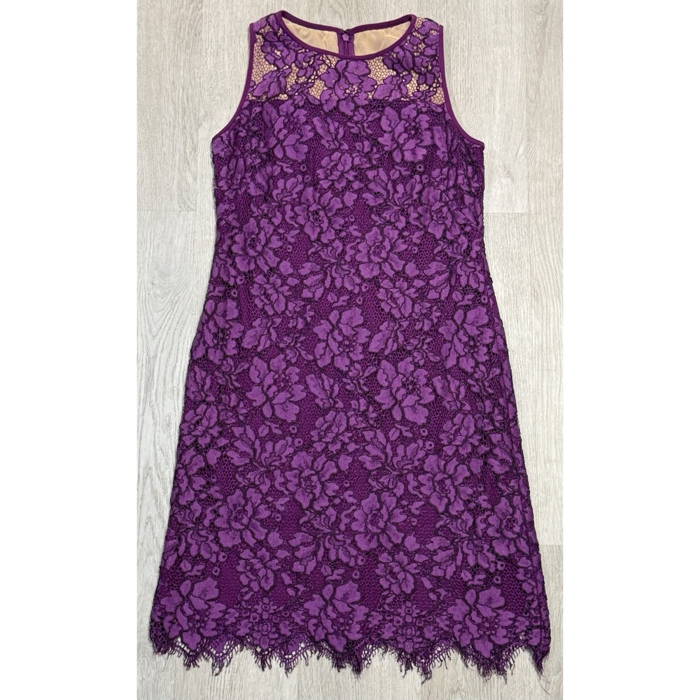 Lauren Ralph Lauren Sheath Dress Womens 4 Petite Purple Lace Scalloped Hem UEC - Picture 2 of 12